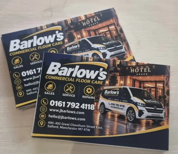 Barlow's Commercial Floor Care business cards showing the branded van, phone number and Salford address