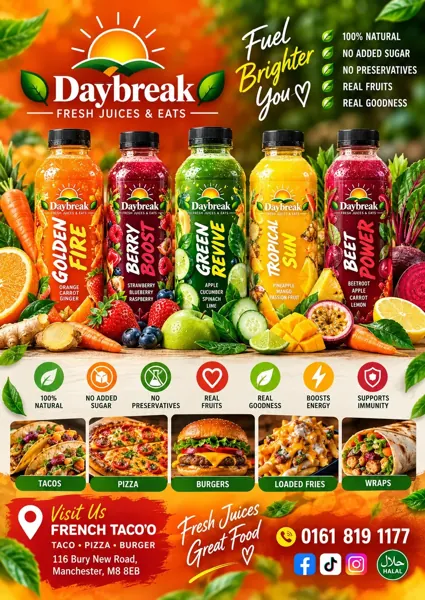 Daybreak A4 leaflet showing five juices, the food menu and the shop details