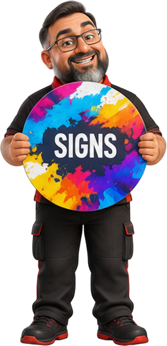 The FatPrint founder holding a round printed sign