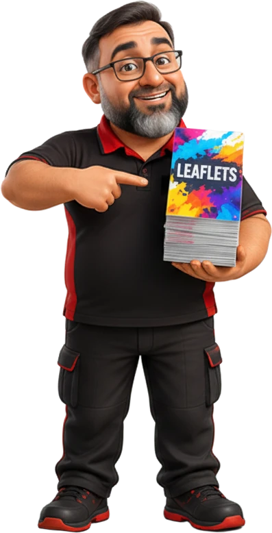 The FatPrint owner holding a fan of printed leaflets