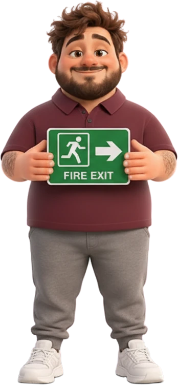 Benny holding a Fire Exit sign