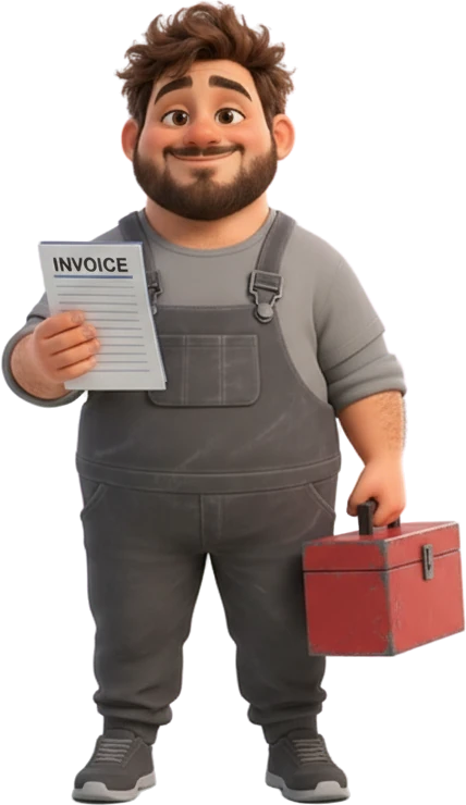 Benny with an invoice pad and a toolbox