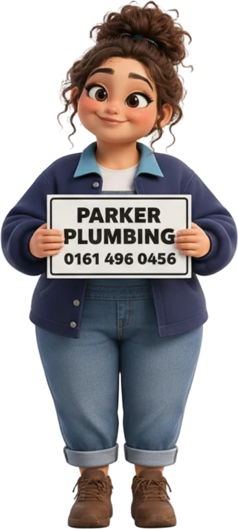 Bonnie holding a Parker Plumbing sign