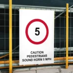 Caution Pedestrians Sound Horn 5 mph Sign