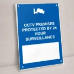 CCTV Premises Protected by 24 Hour Surveillance Write-On Sign: CCTV Premises Protected by 24 Hour Surveillance Write On Sign shown on a wall with stand off fixings