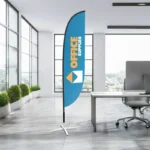 Crest Flag 4m: Printed crest flag in an office