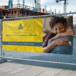 4m x 1m PVC Banner: Printed property banner on a construction site fence