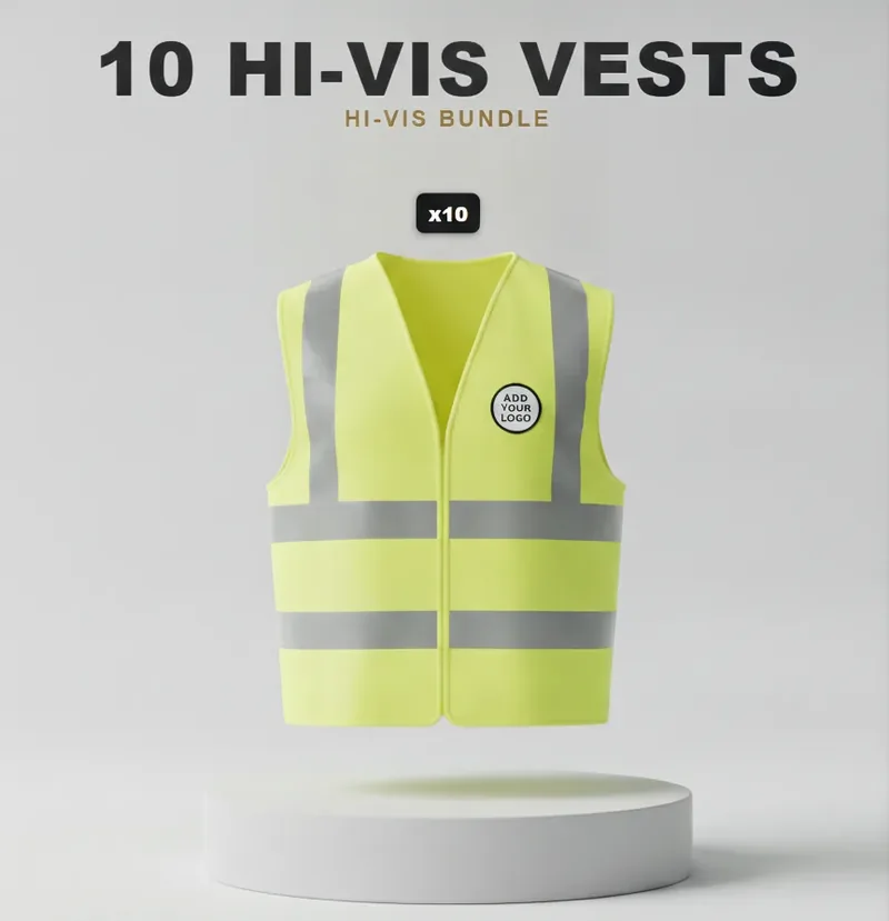 10 branded hi-vis vests with a logo on each garment