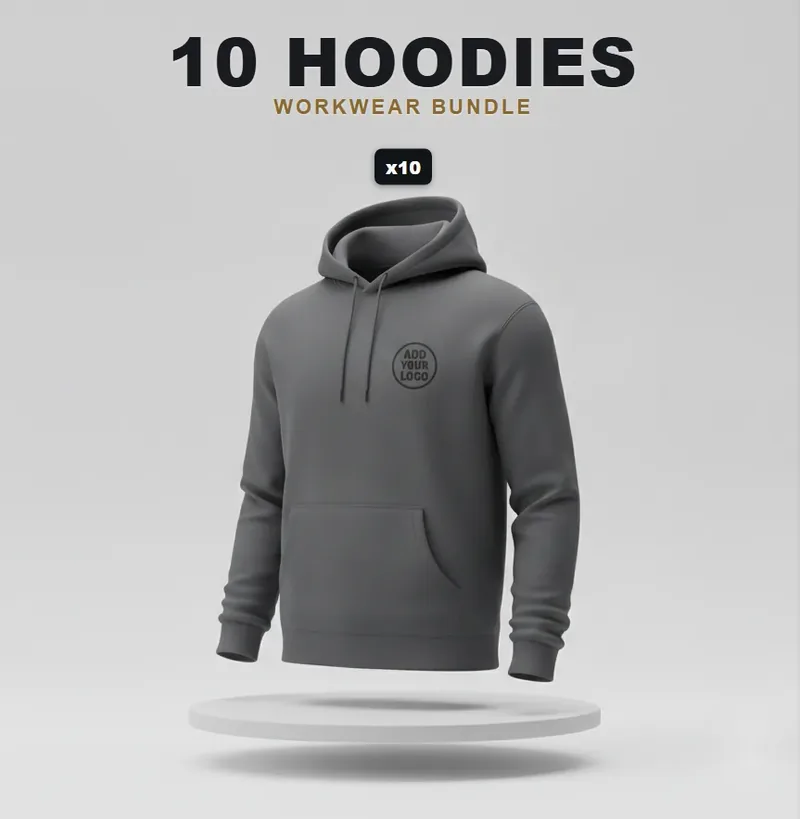 10 branded hoodies with a logo on each garment