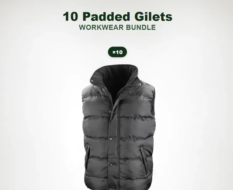10 branded padded gilets with a logo on each garment