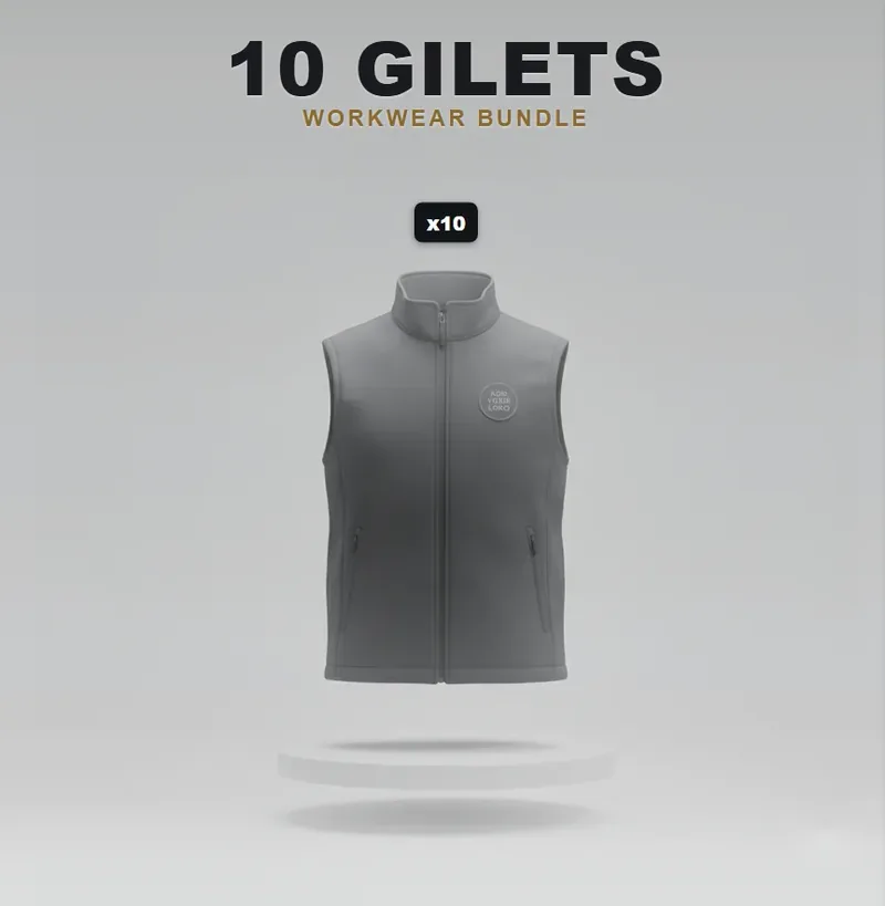 10 branded softshell jackets or gilets with a logo on each garment