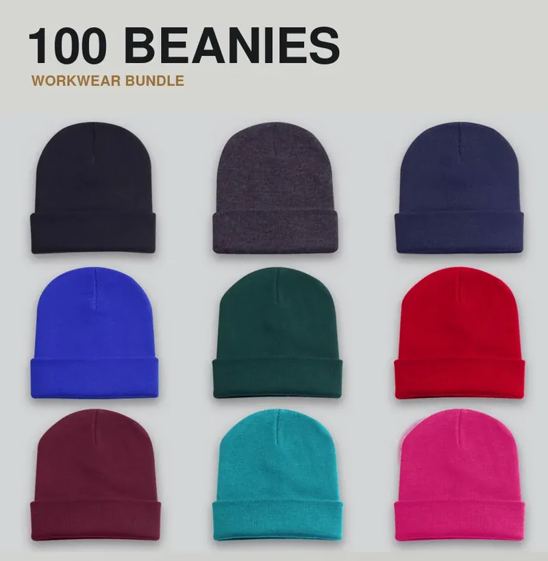 100 branded beanies with a logo on each garment