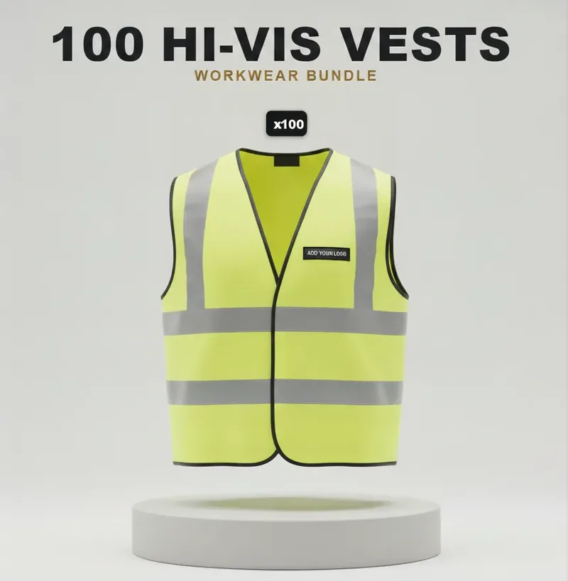 100 branded hi-vis vests with a logo on each garment