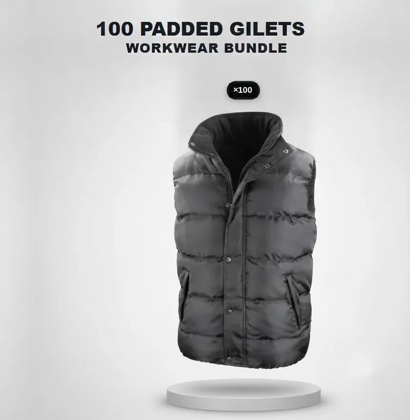 100 branded padded gilets with a logo on each garment