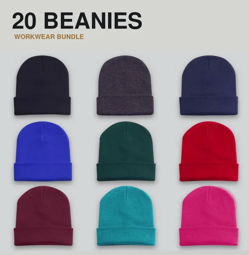 20 branded beanies with a logo on each garment