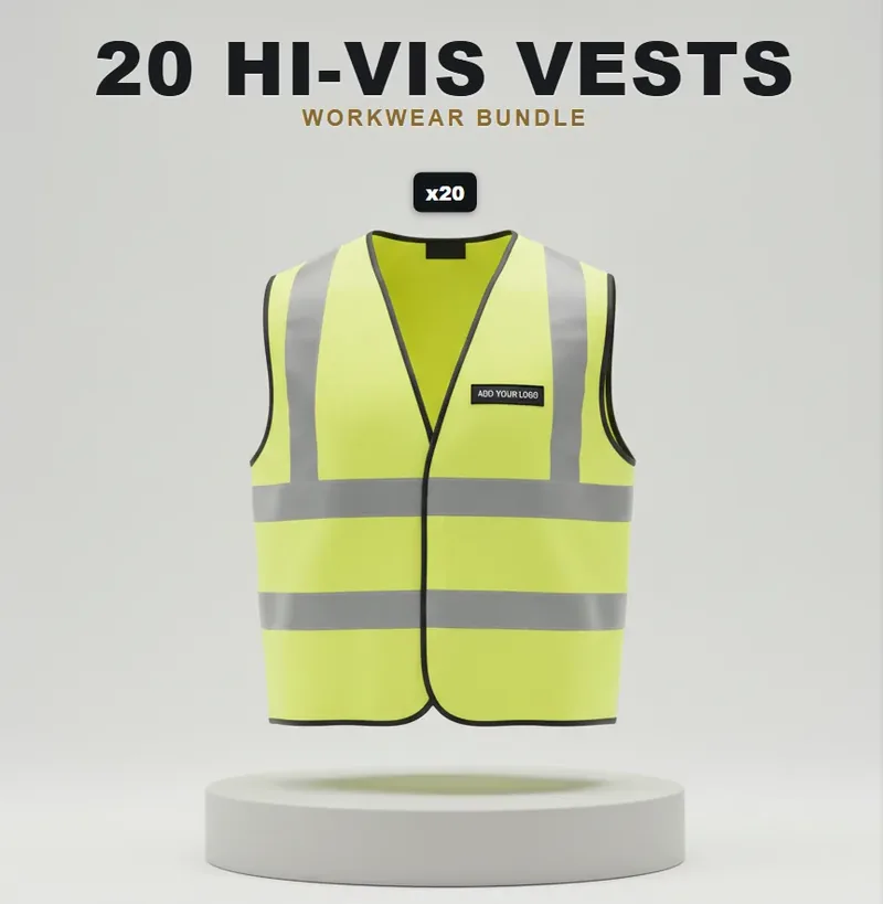 20 branded hi-vis vests with a logo on each garment