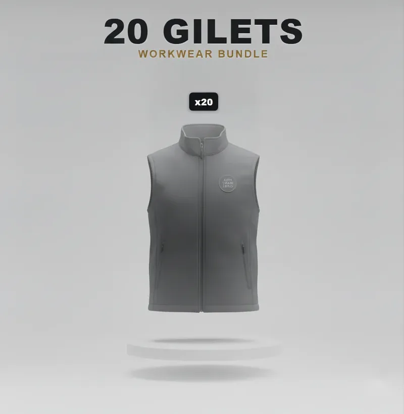 20 branded softshell jackets or gilets with a logo on each garment