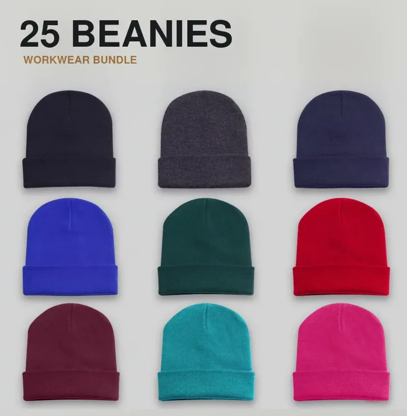 25 branded beanies with a logo on each garment