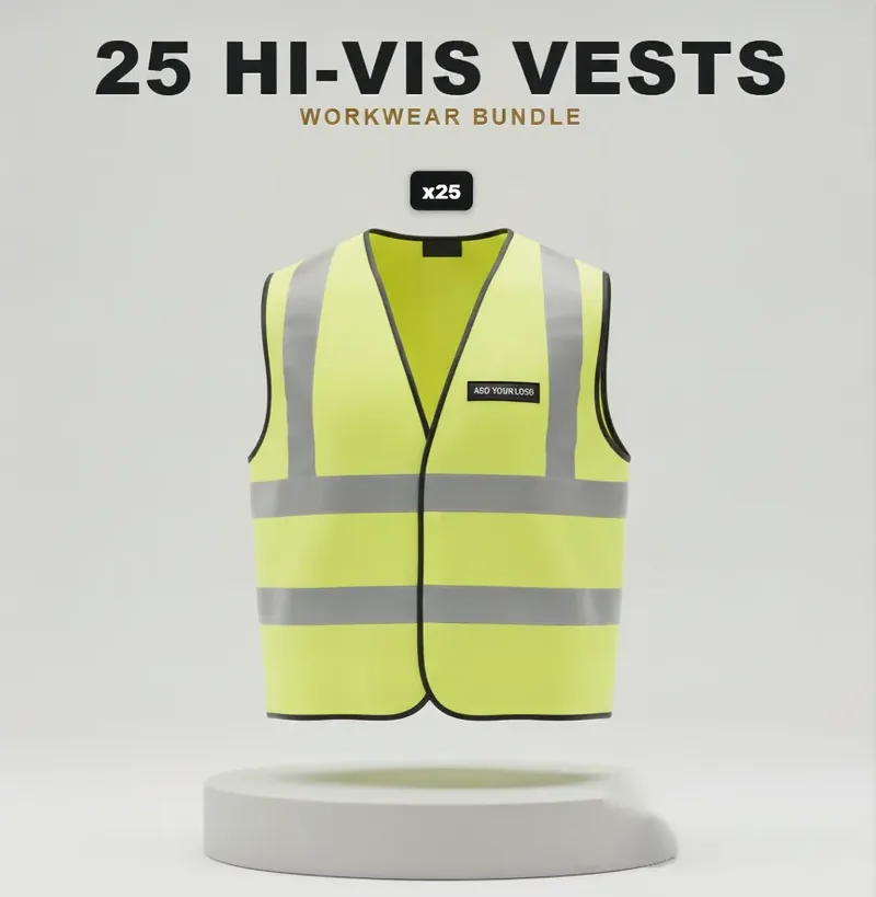 25 branded hi-vis vests with a logo on each garment