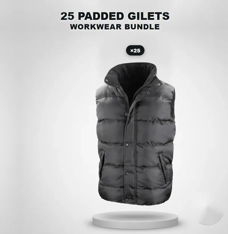 25 branded padded gilets with a logo on each garment