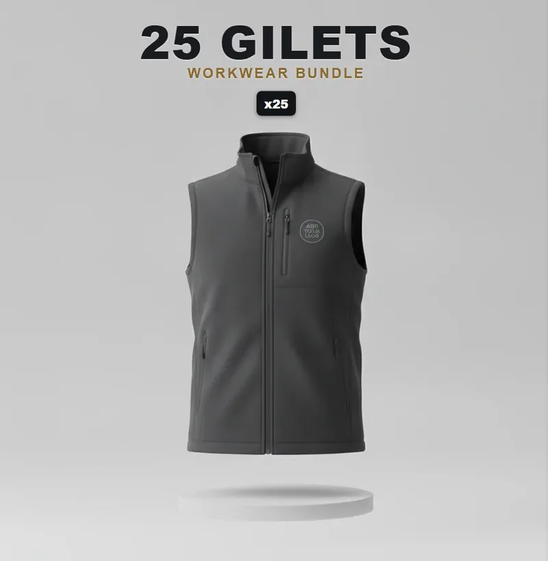 25 branded softshell jackets or gilets with a logo on each garment
