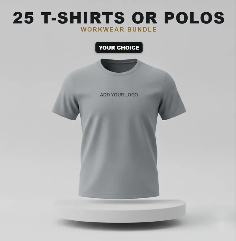 25 branded T-shirts or polos with a logo on each garment