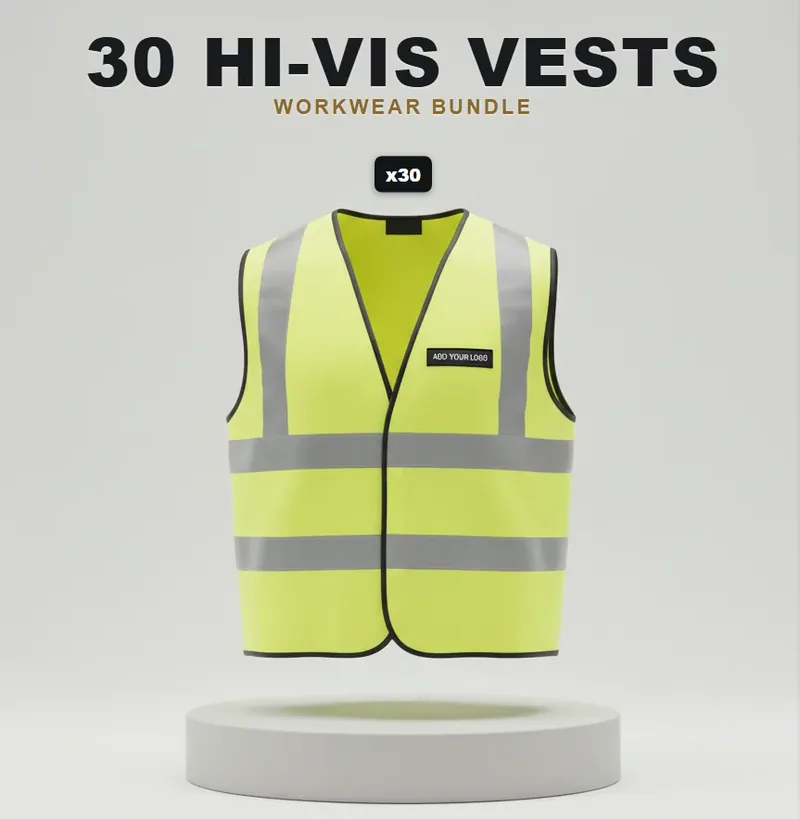 30 branded hi-vis vests with a logo on each garment