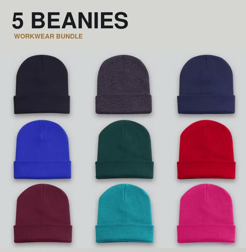 5 branded beanies with a logo on each garment