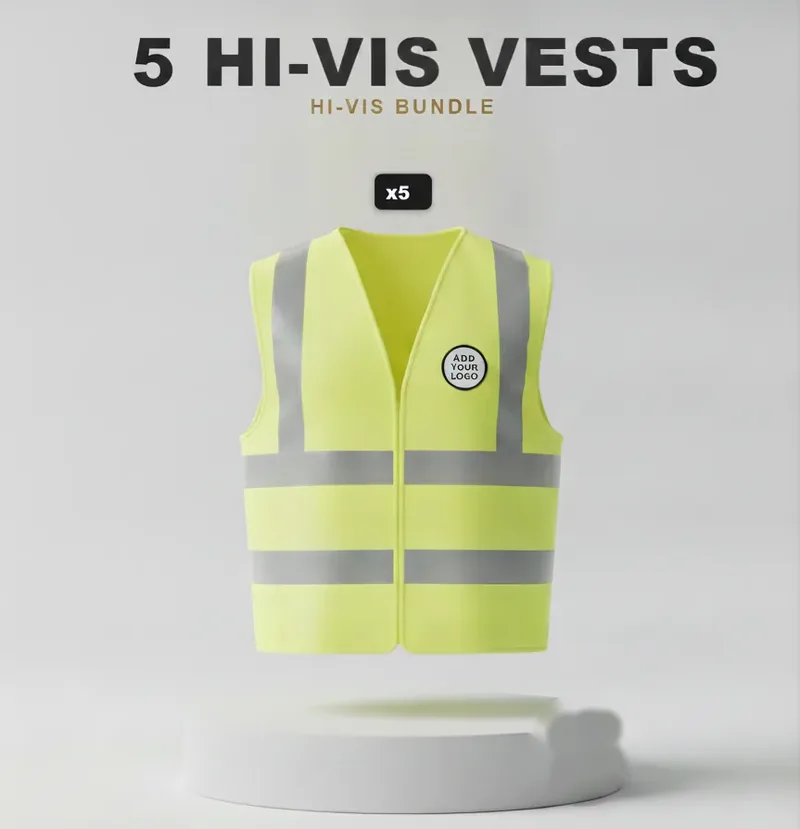 5 branded hi-vis vests with a logo on each garment