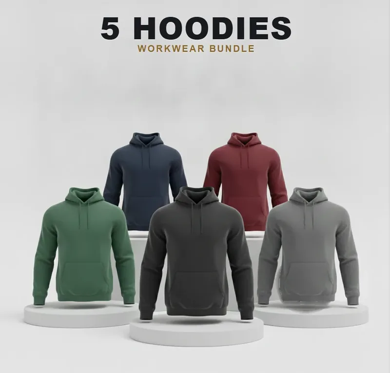 5 branded hoodies with a logo on each garment