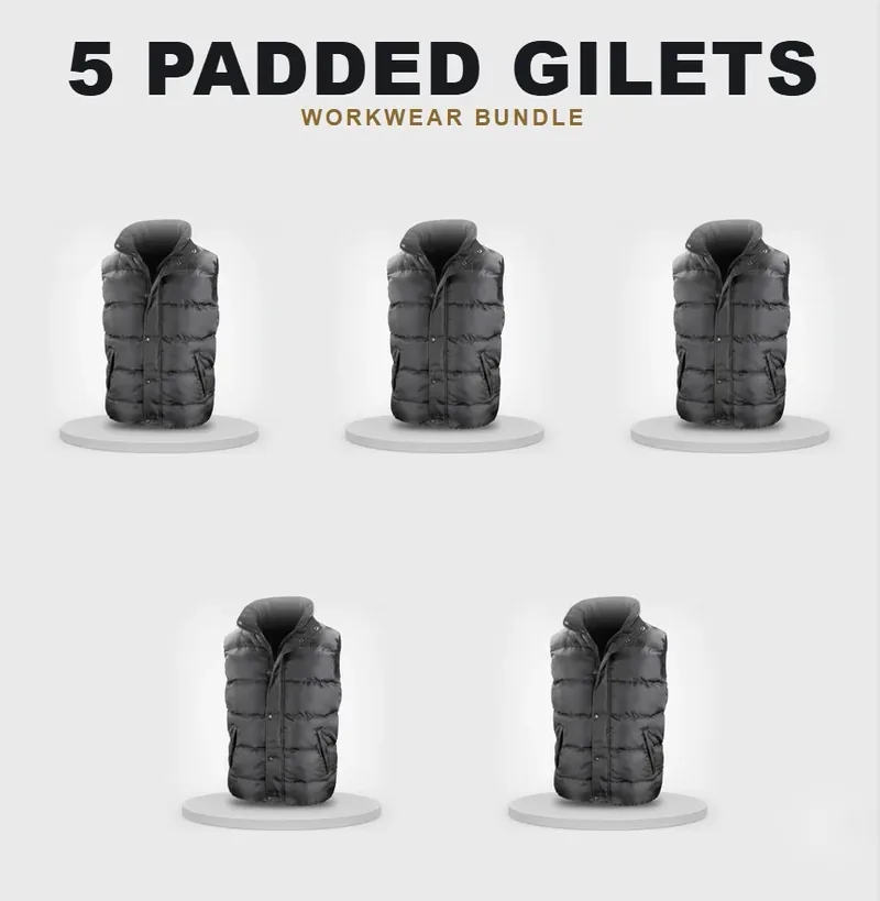 5 branded padded gilets with a logo on each garment