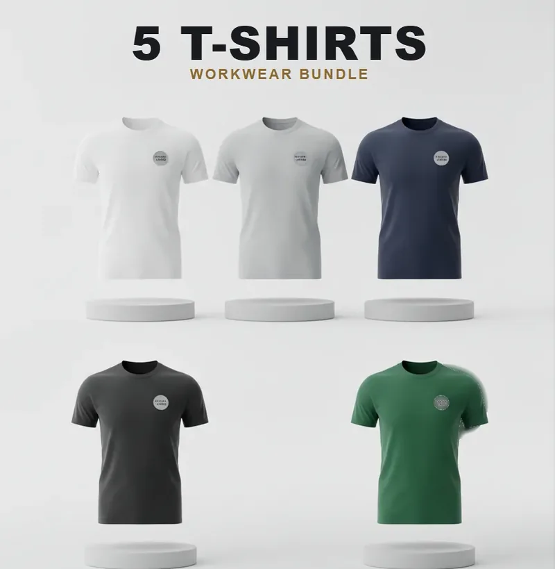 5 branded T-shirts with a logo on each garment