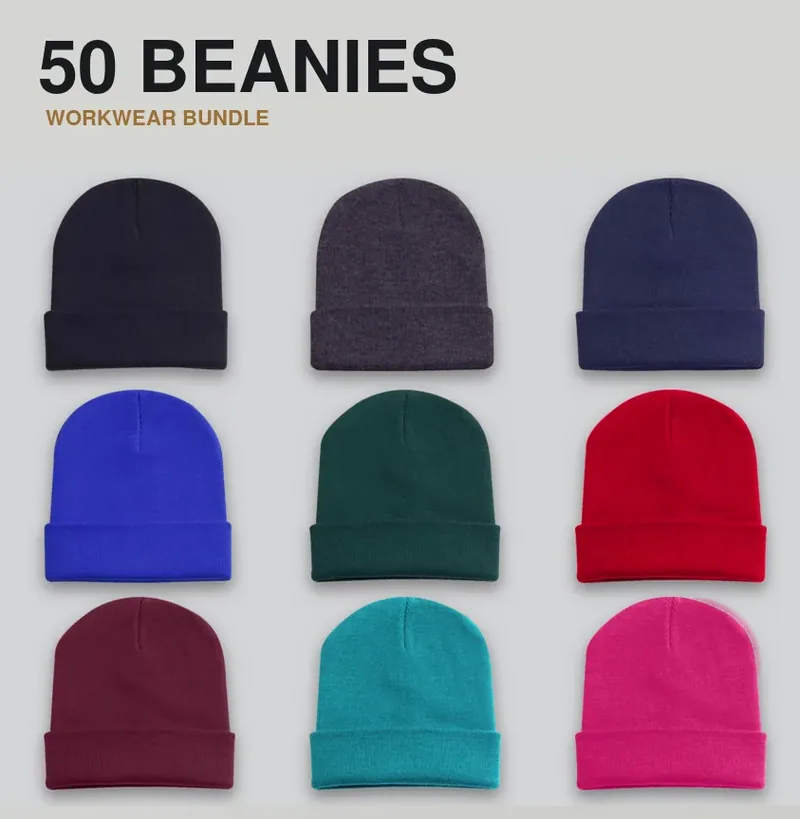 50 branded beanies with a logo on each garment
