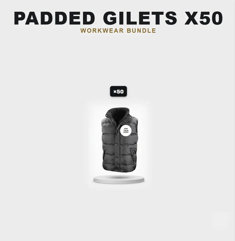 50 branded padded gilets with a logo on each garment