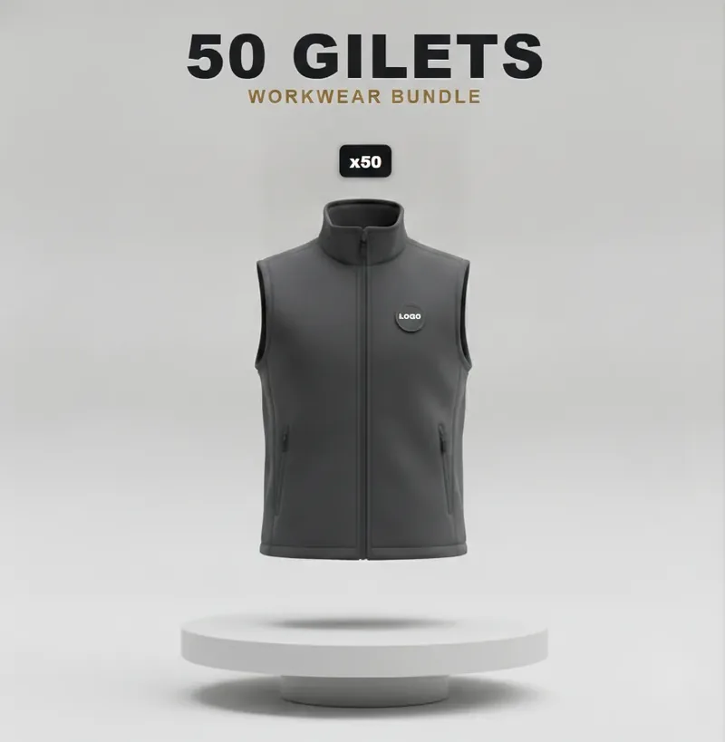 50 branded softshell jackets or gilets with a logo on each garment