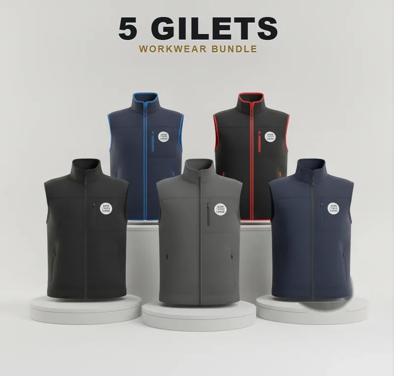 5 branded softshell jackets or gilets with a logo on each garment