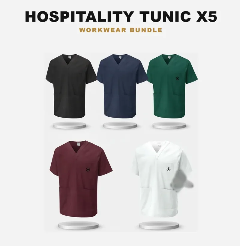 5 tunics with a logo on each garment